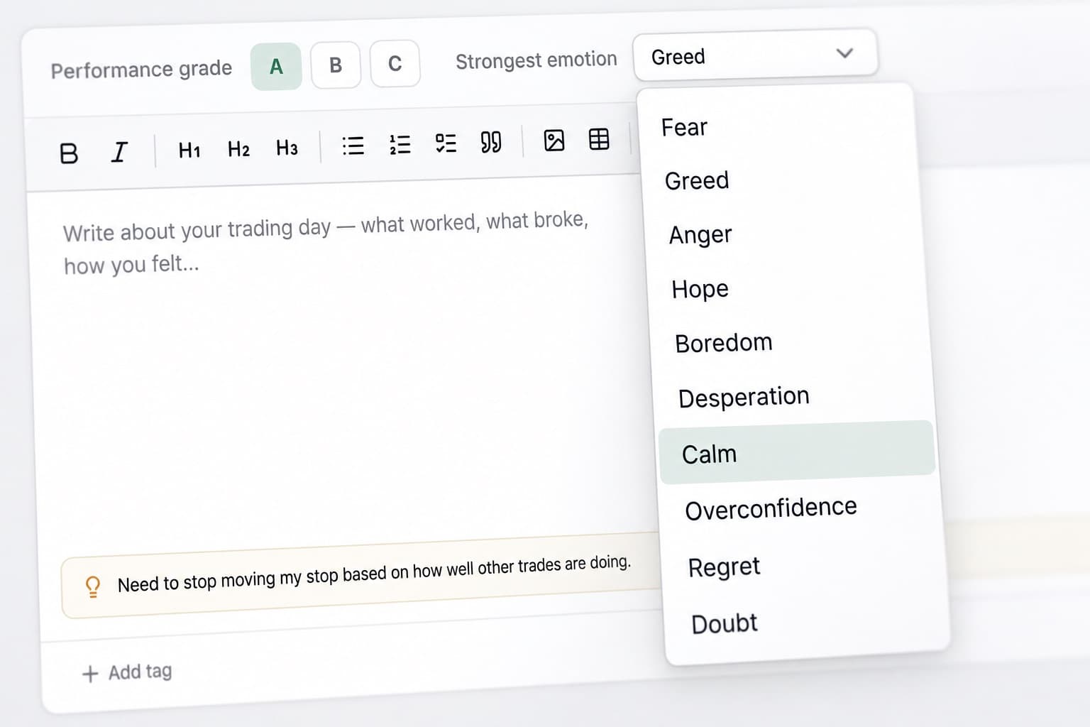 The emotion list open on a journal entry: Fear, Greed, Anger, Hope, Boredom, Desperation, Calm, Overconfidence, Regret and Doubt