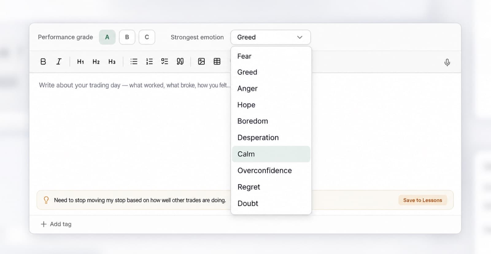 The journal editor with the strongest emotion list open: Fear, Greed, Anger, Hope, Boredom, Desperation, Calm, Overconfidence, Regret and Doubt
