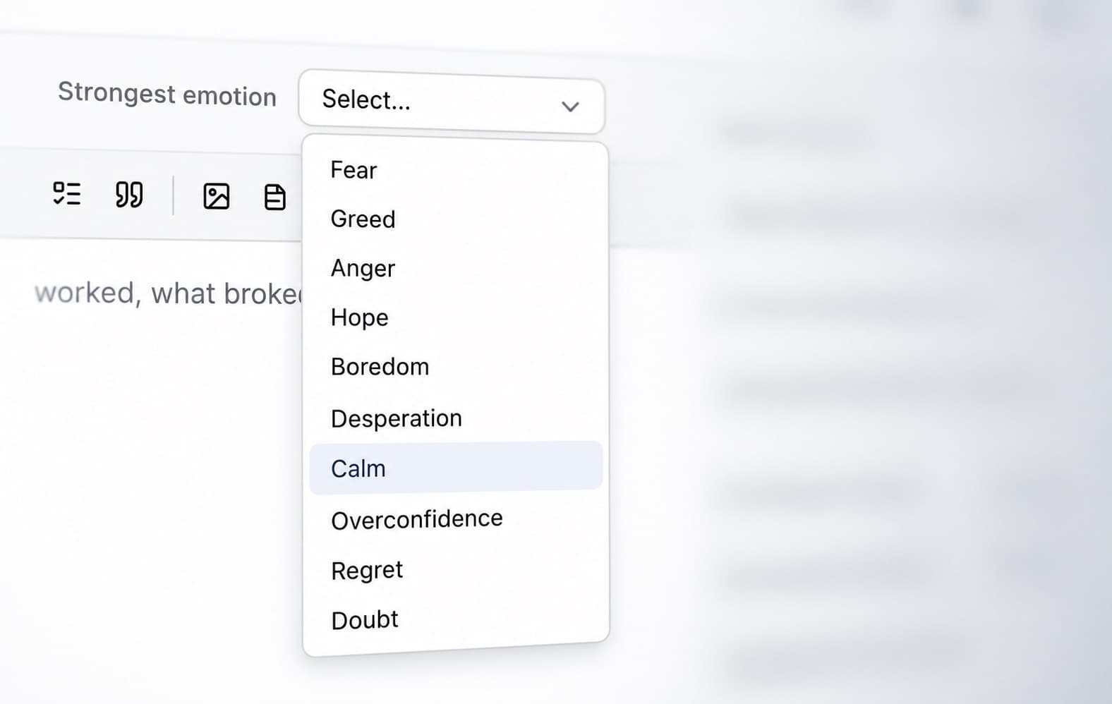 The strongest emotion list open over the journal editor: Fear, Greed, Anger, Hope, Boredom, Desperation, Calm, Overconfidence, Regret and Doubt