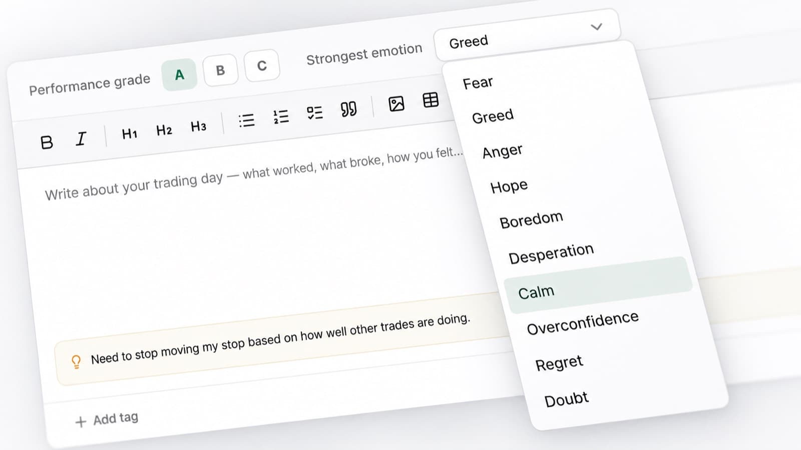 Emotion selector open on a journal entry listing ten emotions, with Calm highlighted