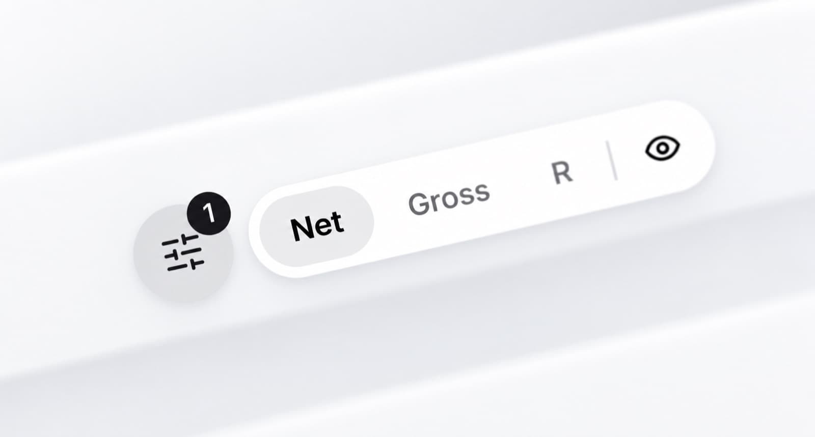 Close-up of a segmented control offering Net, Gross and R, beside a filter button