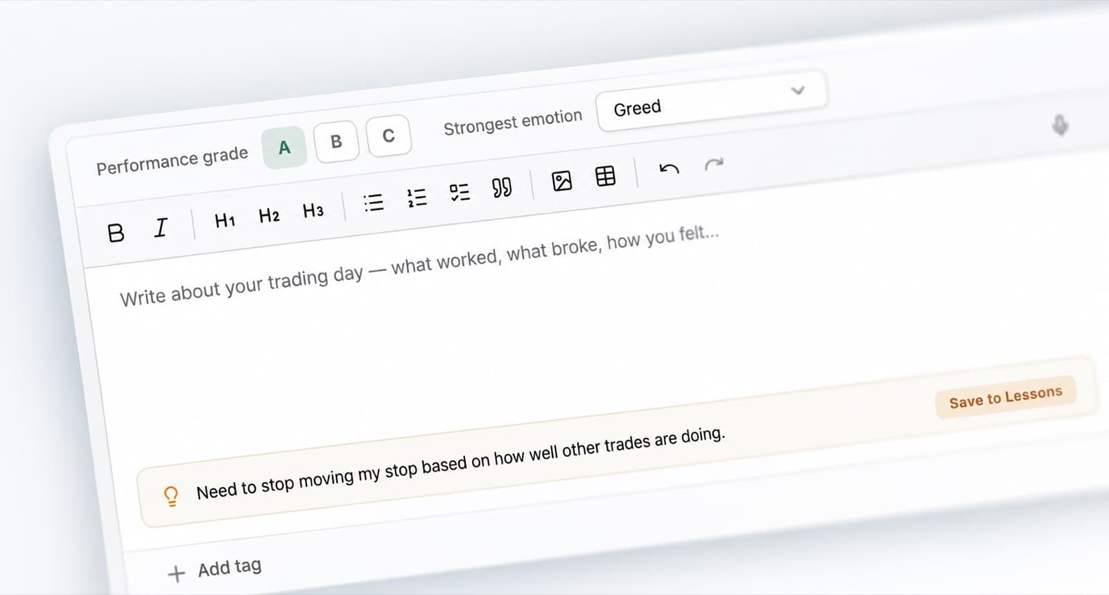 Journal editor with a performance grade selector, an emotion selector and a formatting toolbar