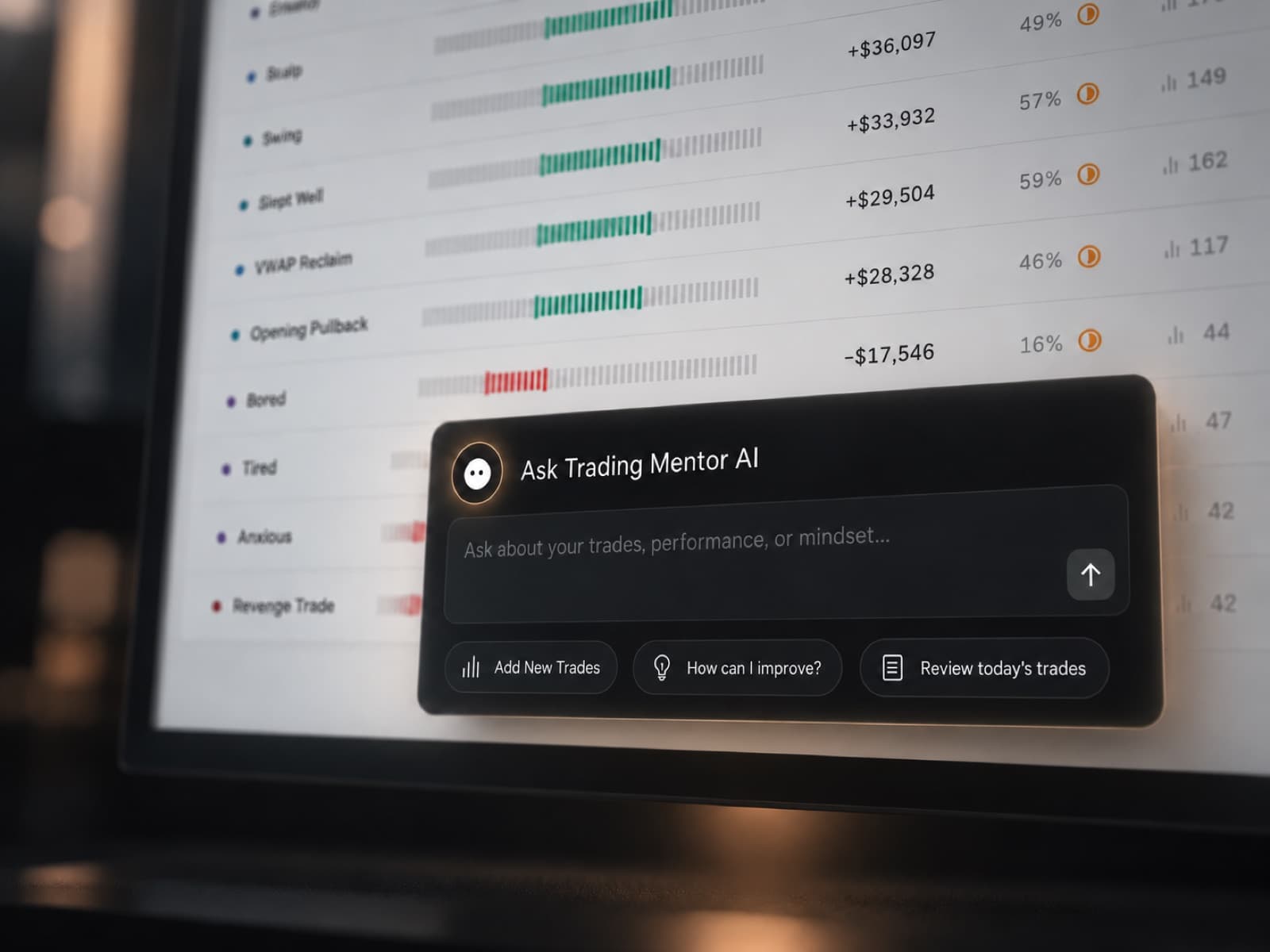 Trading Mentor AI open, with an input reading “Ask about your trades, performance, or mindset” and shortcuts for Add New Trades, How can I improve? and Review today's trades