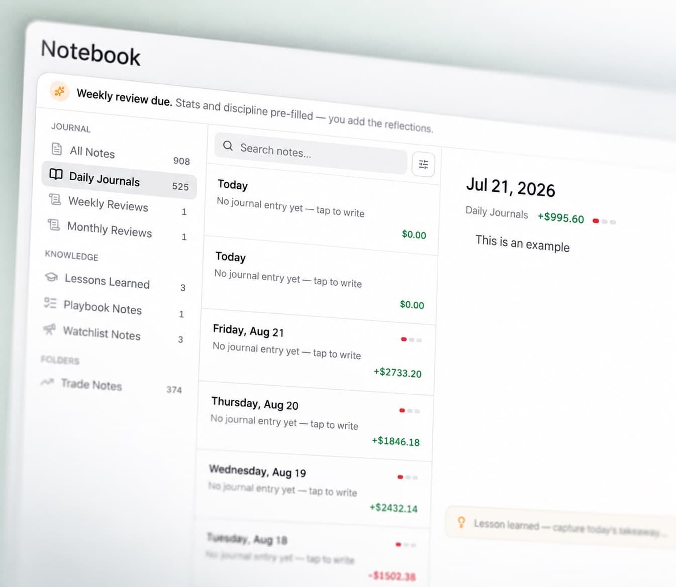 The Notebook with daily journals, weekly and monthly reviews, lessons learned and trade notes in the sidebar