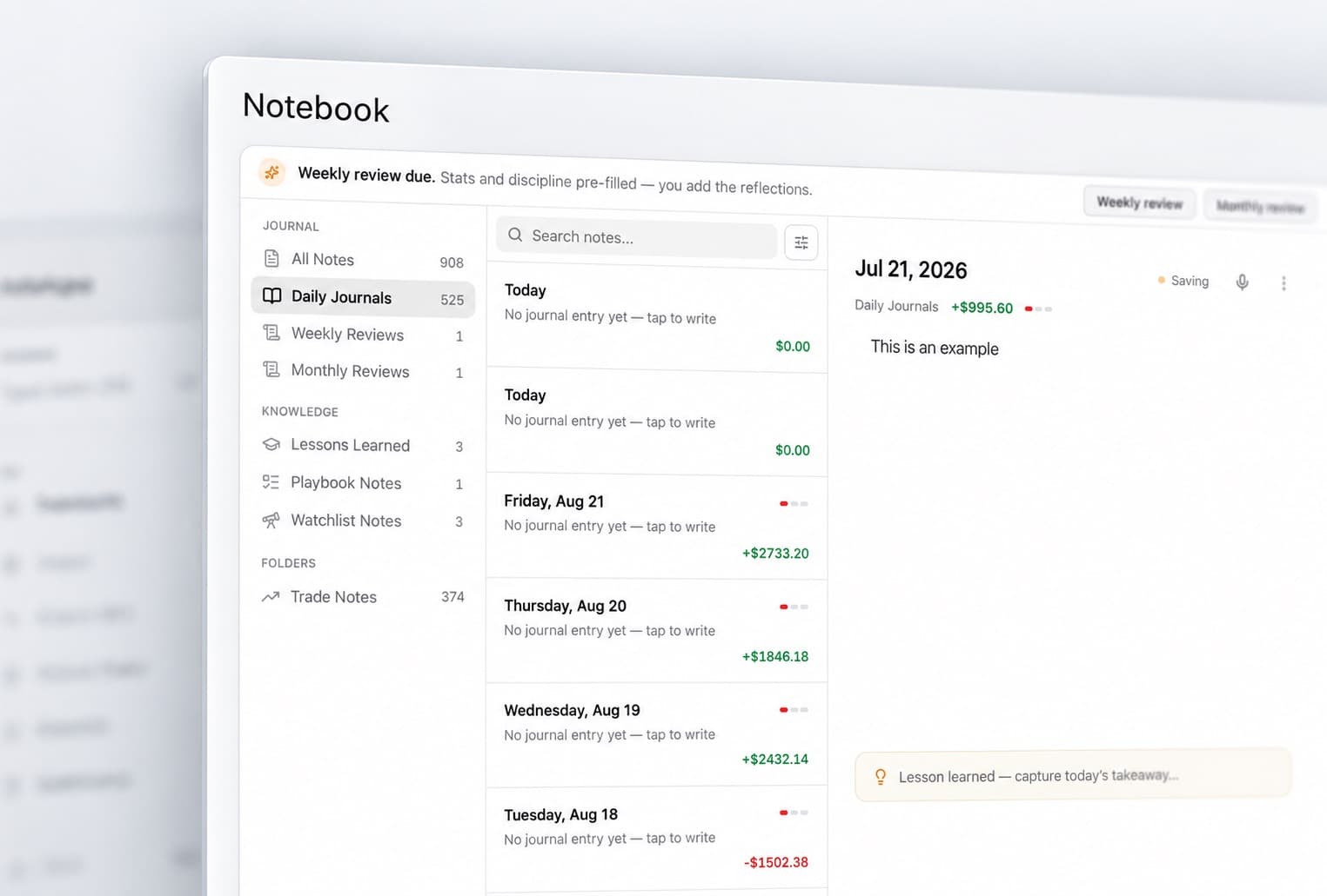 Notebook window with a folder rail showing daily journals, weekly reviews and trade notes