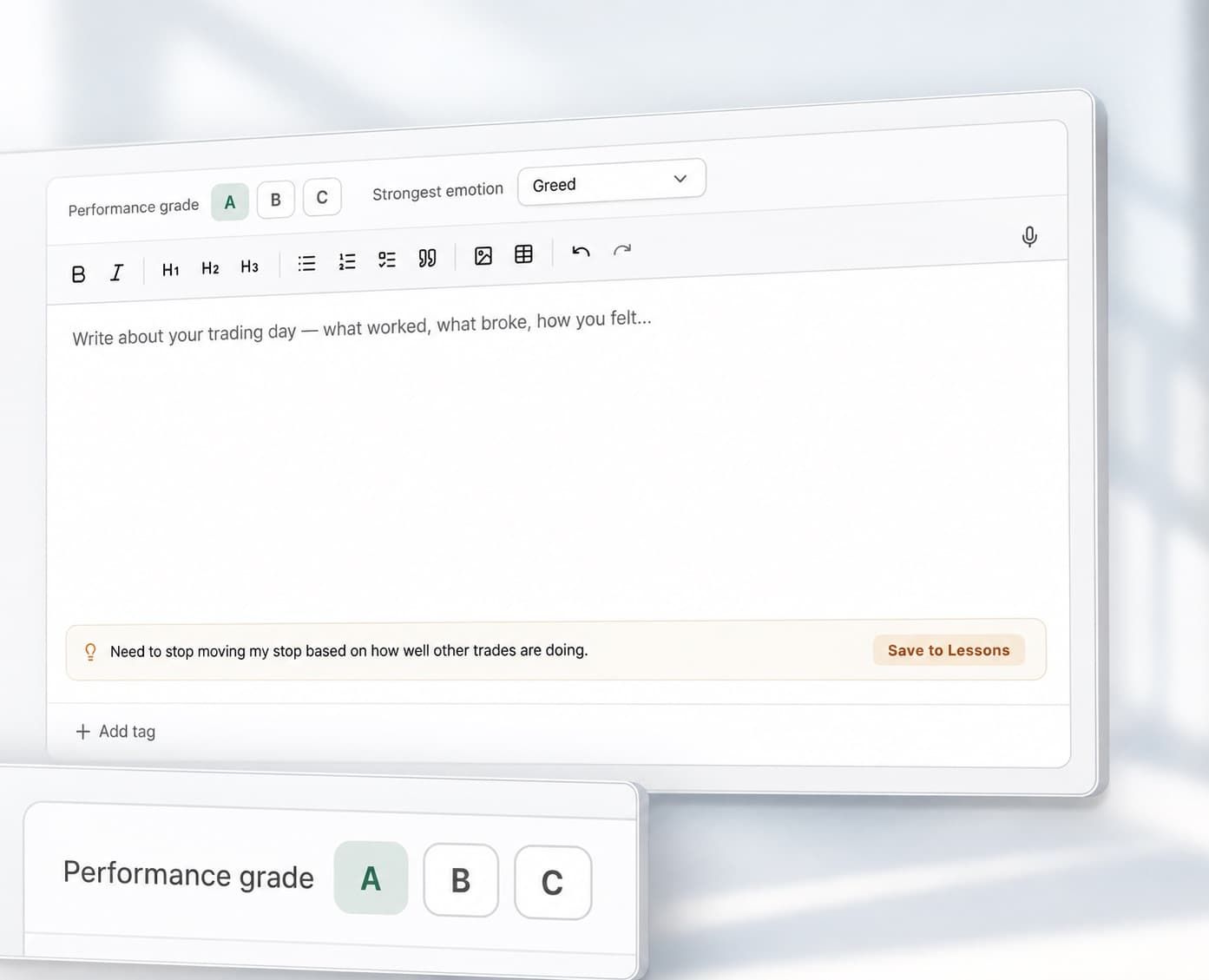 The journal editor with its A, B, C performance grade control lifted onto a card below