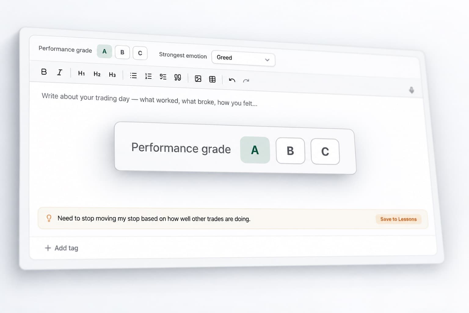 The journal editor with the A, B, C performance grade control magnified across the middle