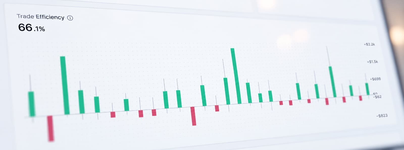 Trade efficiency chart, one bar per trade showing the part of the move captured and the part left behind