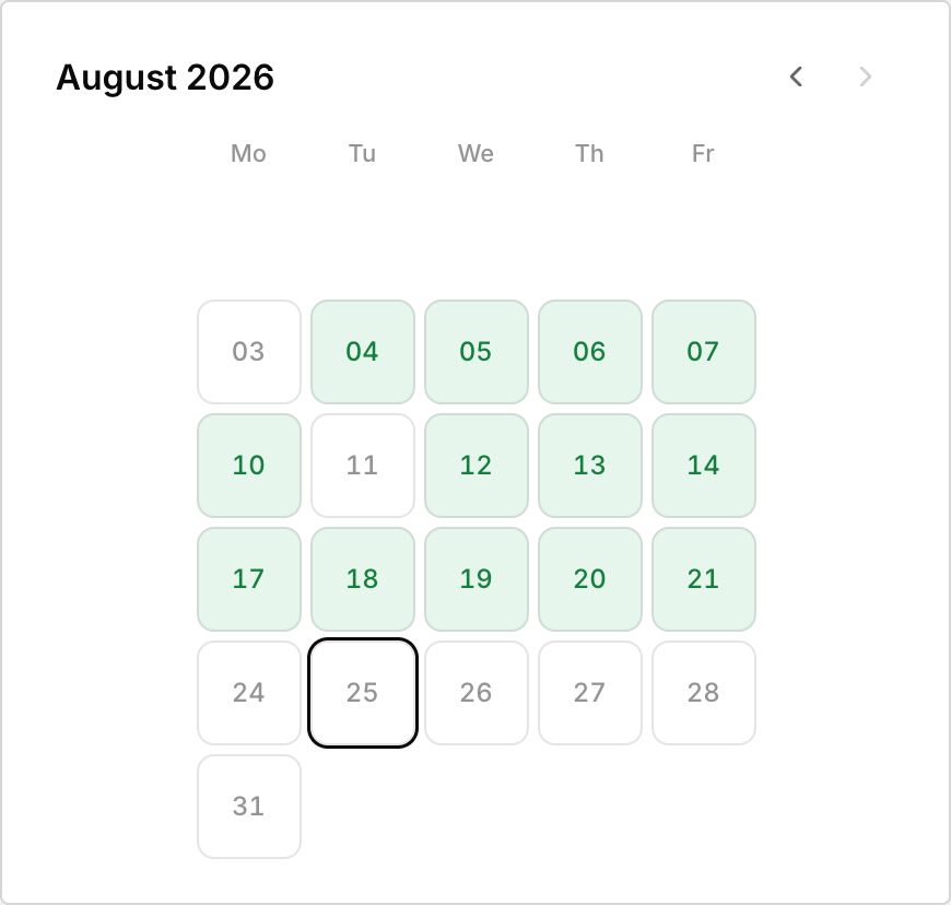 The month calendar widget on the Dashboard. Green days are net winners, red days net losers.