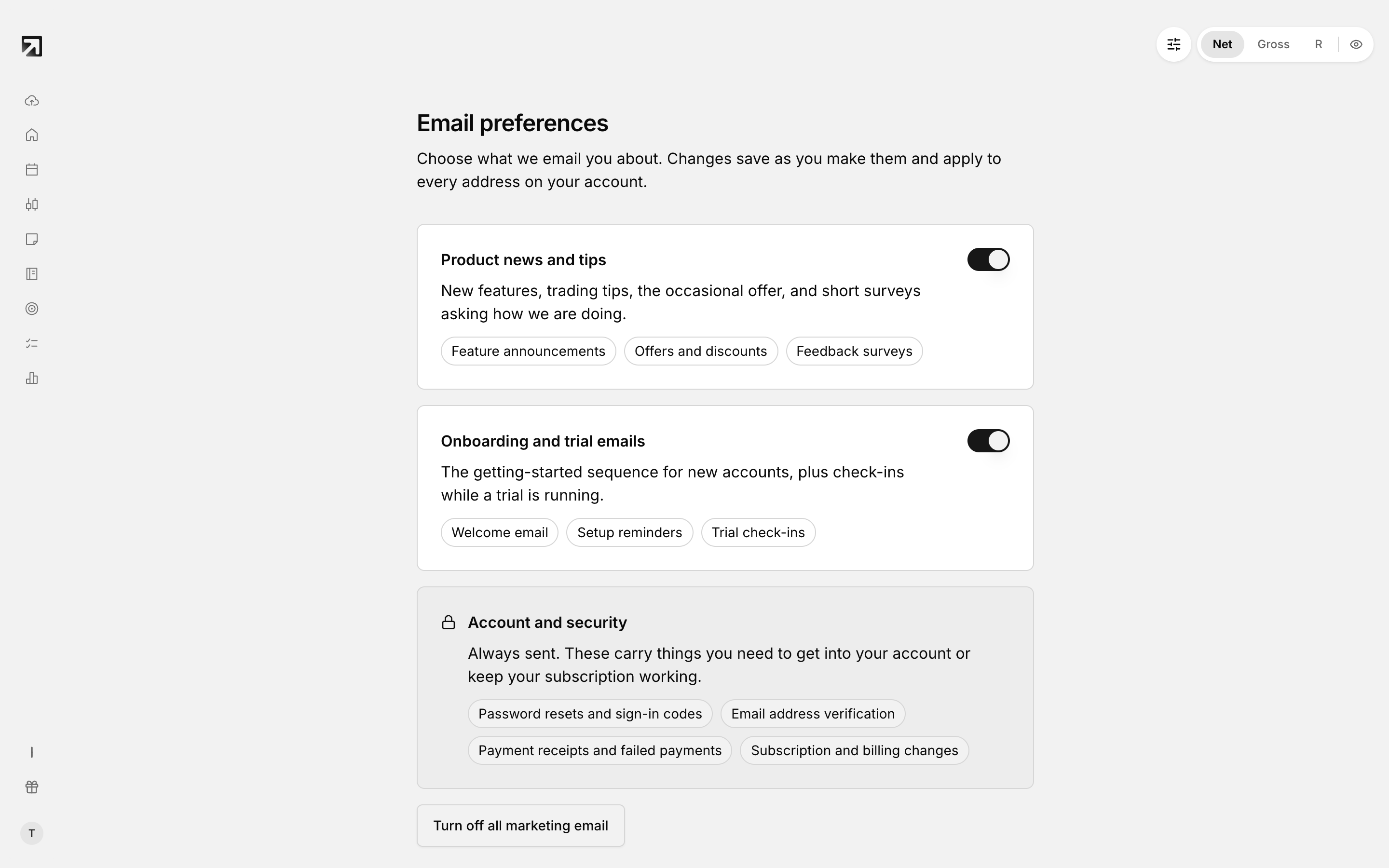 Email preferences, where each type of email can be turned off separately.