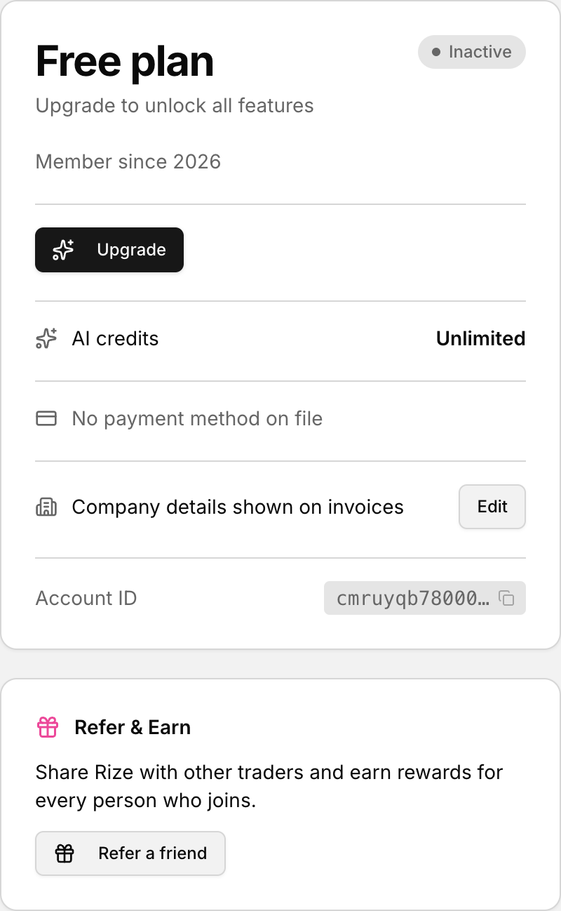 The card on file is shown and changed from the Subscription panel.