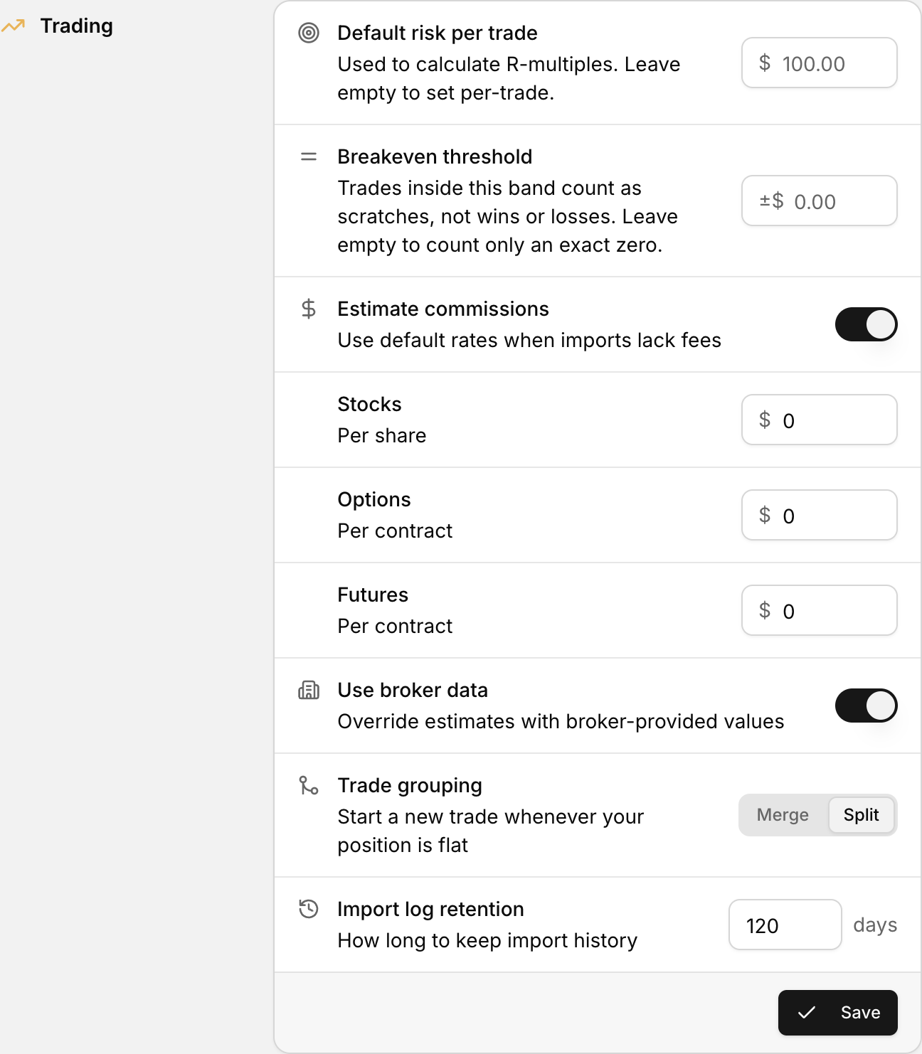 Trade grouping controls how executions are combined into a single trade.
