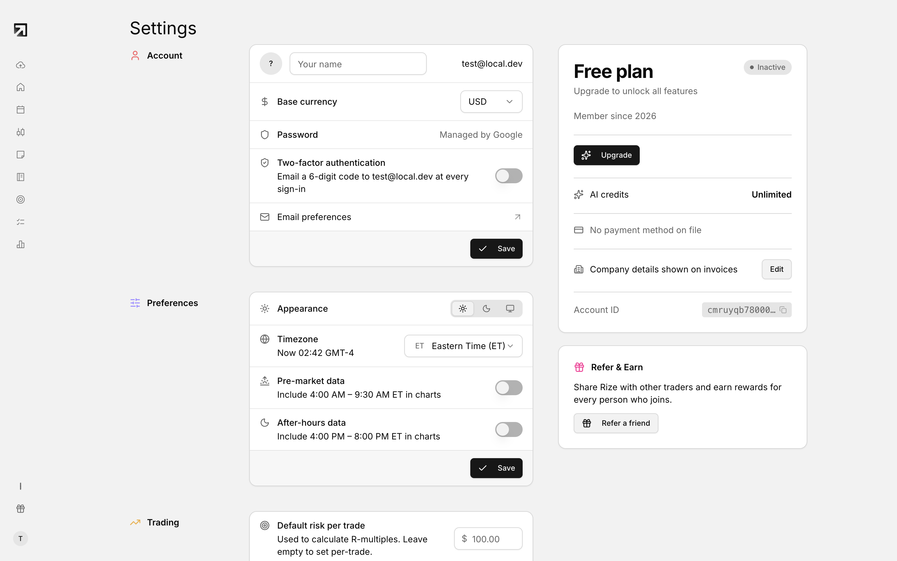 Settings, with every section from account details through to the danger zone.