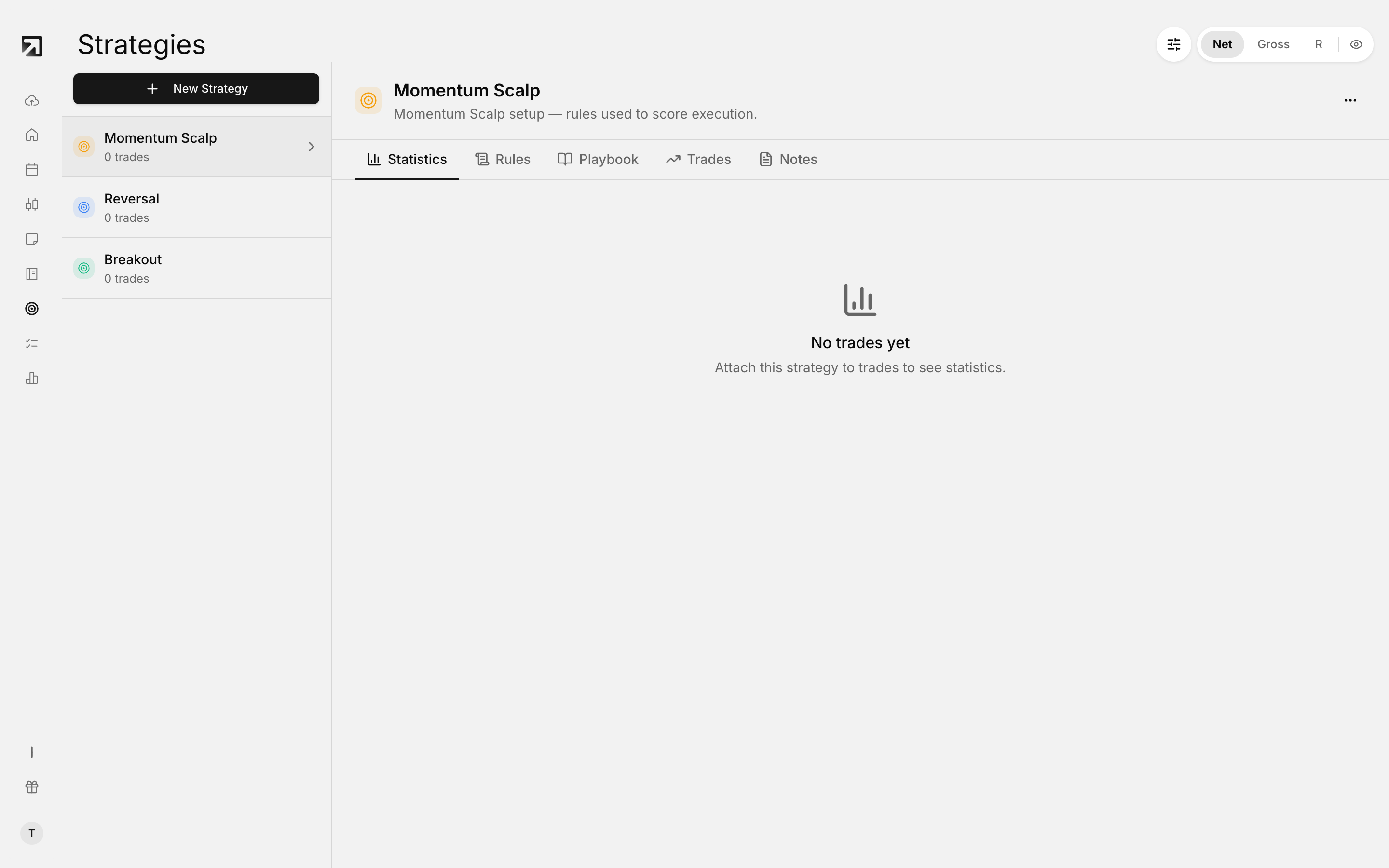 The Strategies page. Pick a strategy on the left to see its own statistics.